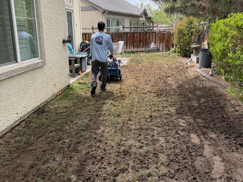 Sierra Lawn Co. crew member pushing a core aerator across a backyard lawn in Sparks, Nevada