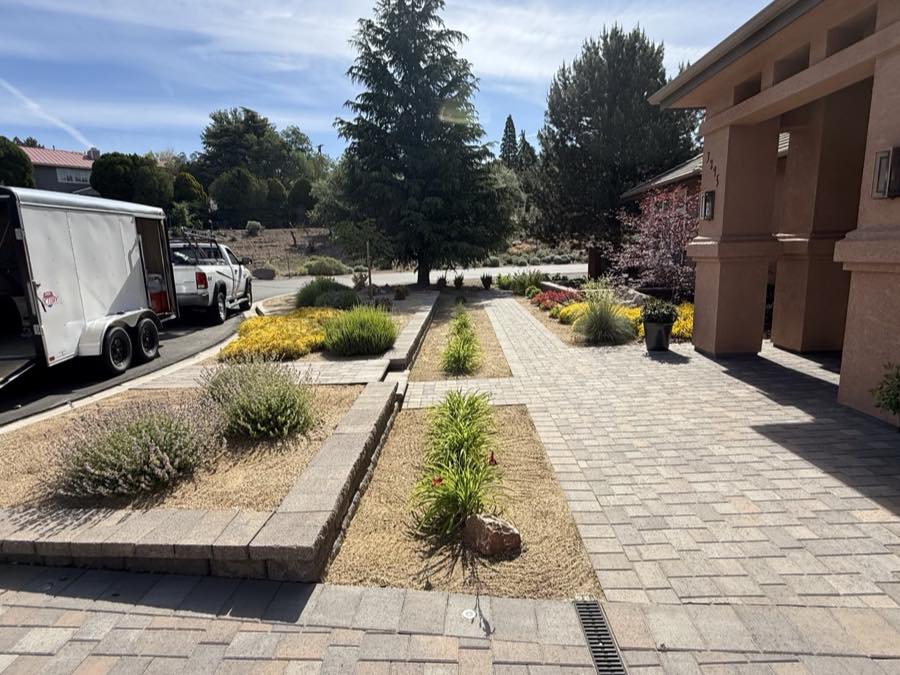 Paver walkway and xeriscape gravel garden beds installed by Sierra Lawn Co. in Sparks, Nevada