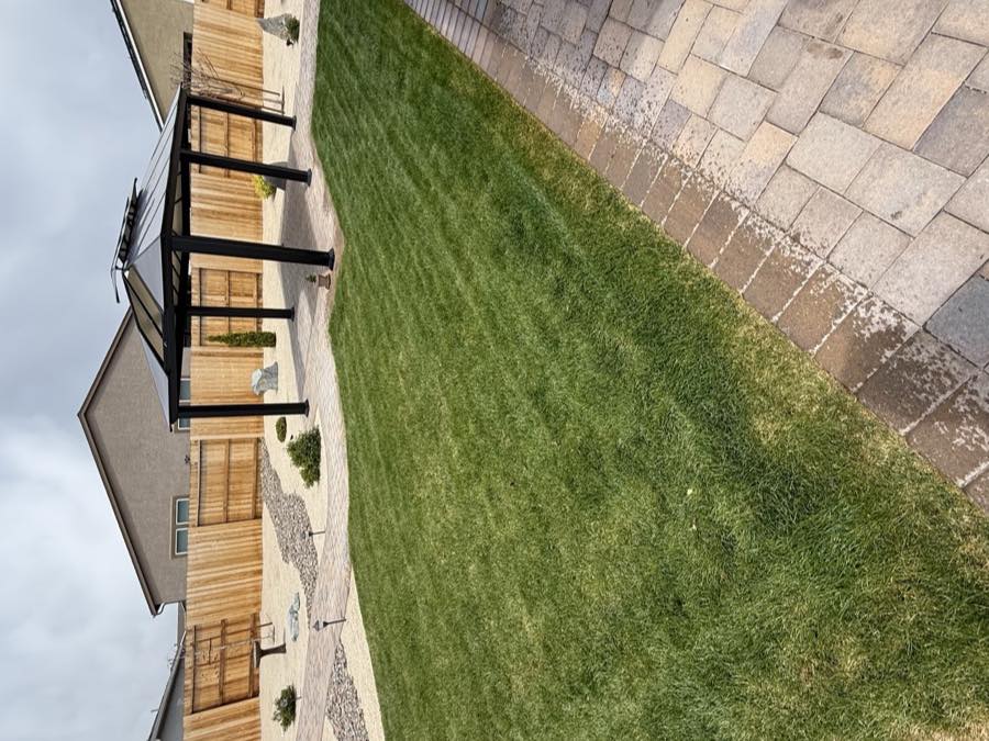Crisply edged backyard lawn and patio maintained by Sierra Lawn Co. in Sparks, Nevada